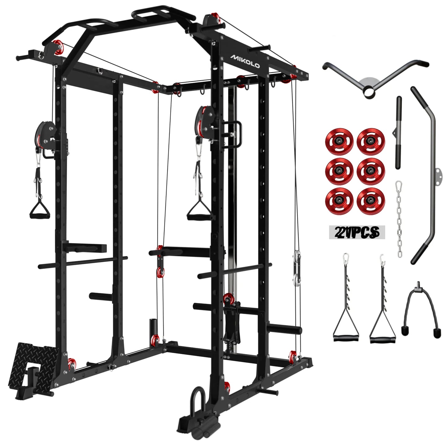 Mikolo Power Rack Cage, Weight Rack with Cable Crossover Machine,Multi-Function Squat Rack with J Hooks,Dip Bars and Landmine for Home Gym Red