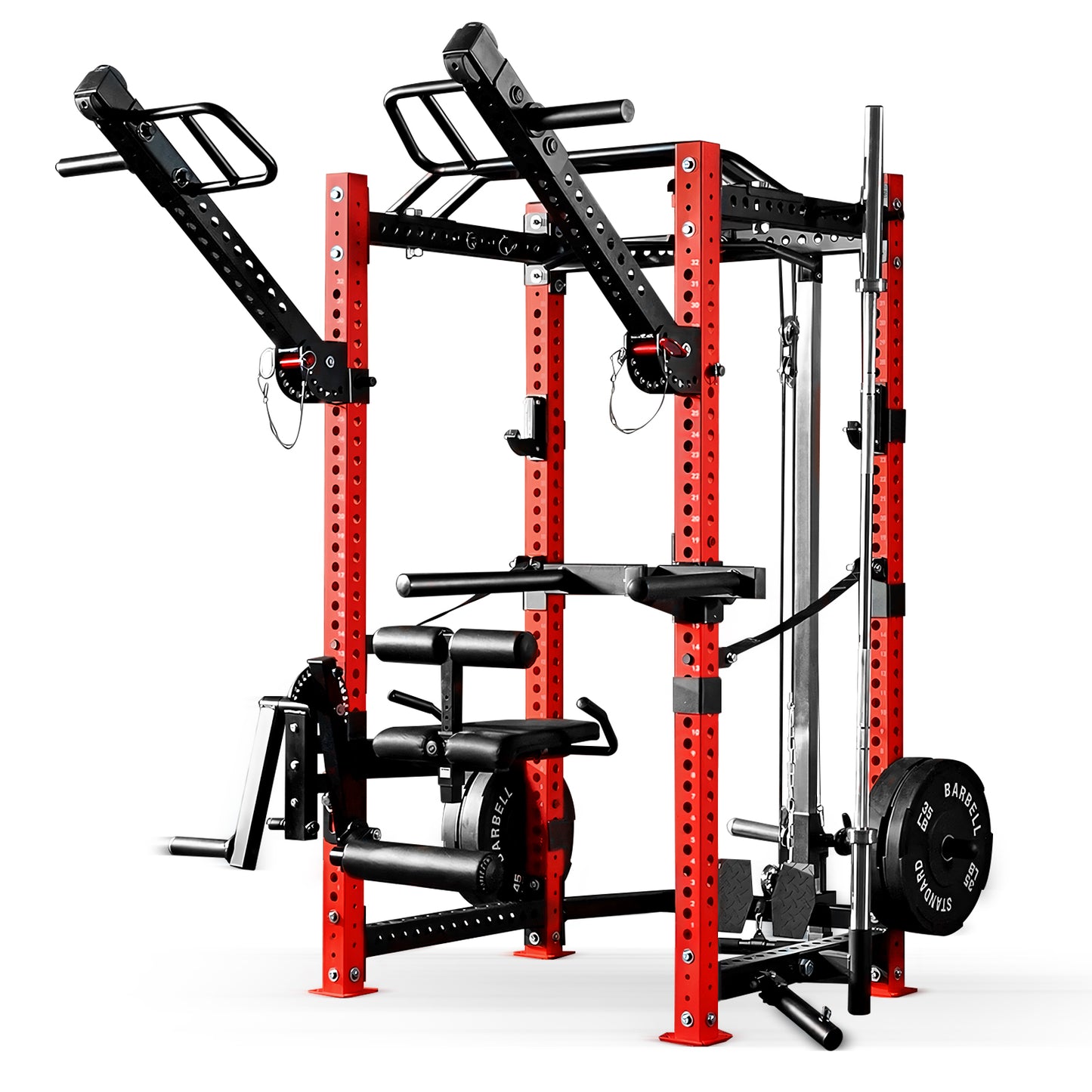 Mikolo Power Rack Cage, Elite Series 3" x 3" Commercial Squat Rack with 2400LB Capacity, Jammer Arm Attachment, Dip Attachment and Cable Staton Attachment for Home Gym(Red)