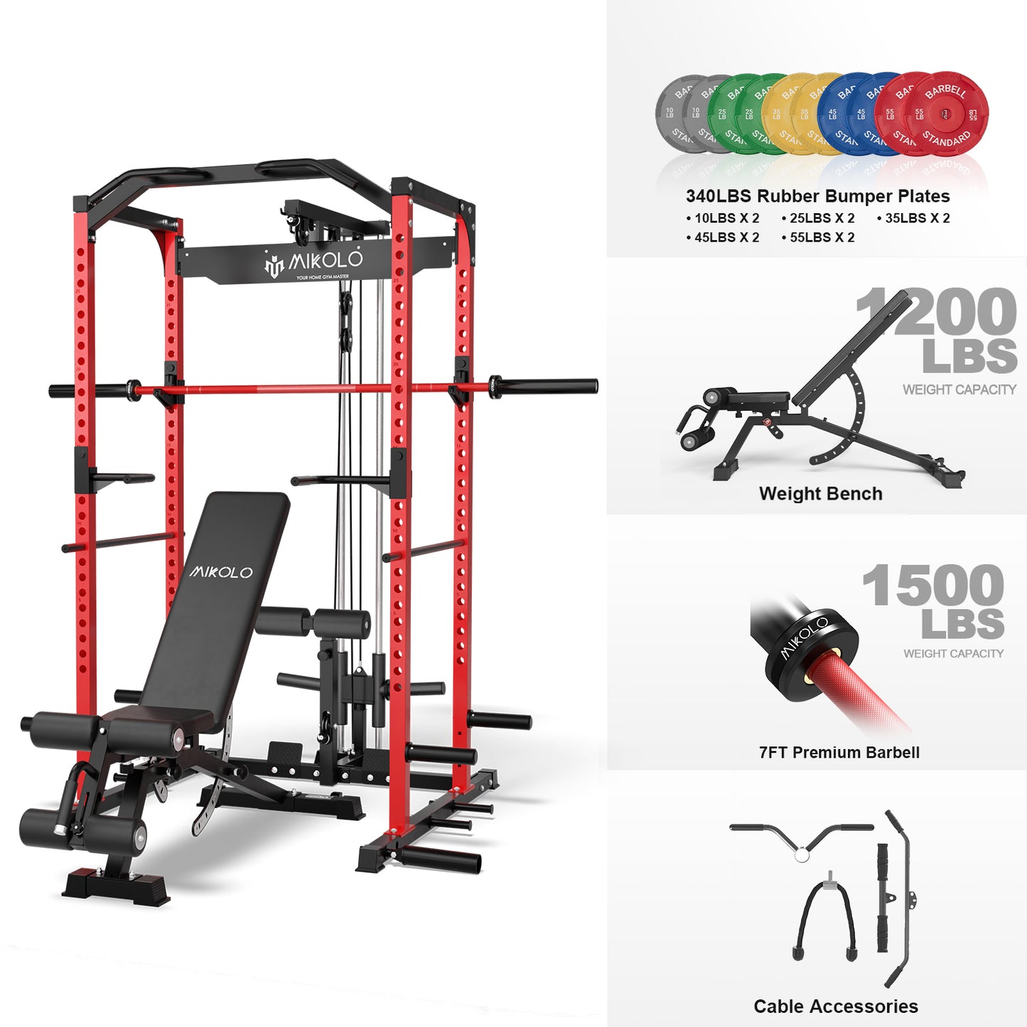 Mikolo Power Rack Cage with LAT Pulldown System,1200 lbs Capacity Power Rack with 1200 lbs Capacity Weight Bench and 1500 lbs Capacity Barbell Combo (340LB)