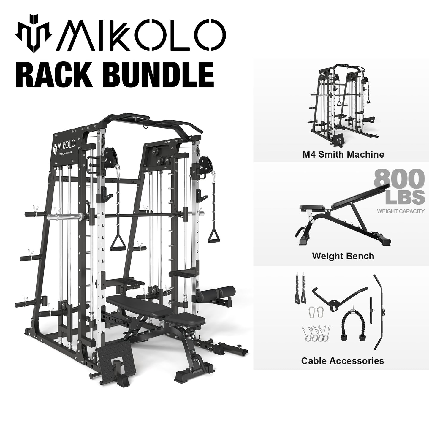 Mikolo Smith Machine Home Gym, 2200 lbs Power Rack Cage with 800 lbs Weight Bench and Cable Crossover System, Weight Bar, 360° Landmine, Home Gym