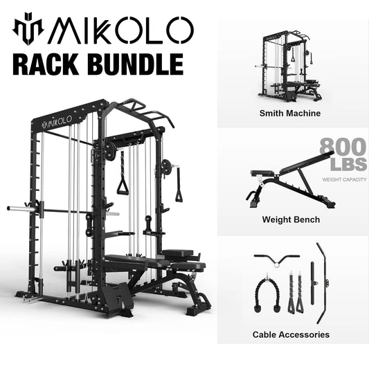 Mikolo Smith Machine, Power Cage with Functional Trainer, Multi-People Home Gym Training System with Adjustable Weight Bench