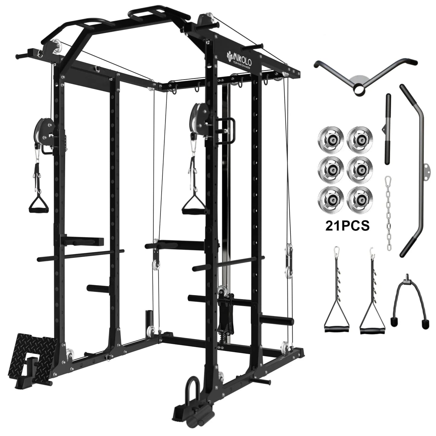 Mikolo Power Rack Cage, Weight Rack with Cable Crossover Machine,Multi-Function Squat Rack with J Hooks,Dip Bars and Landmine for Home Gym Red