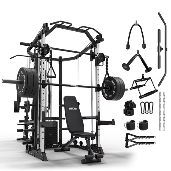 Mikolo Smith Machine Power Cage, Multi-Function Home Gym System with Cable Crossover, 121LB Weight Stack