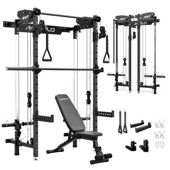 Mikolo Foldable Power Rack Cage,1000lbs Capacity Wall Mounted Squat Rack with independent pulley system, Space Saving Home Gym Equipment with 5 Adjustable Angle