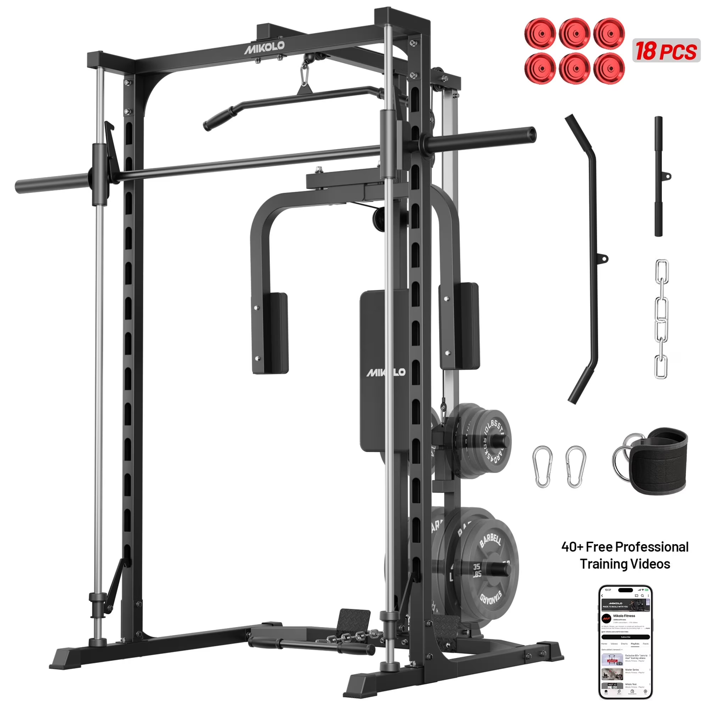 Mikolo Smith Machine Home Gym, Multi-Functional Power Rack with Pec Deck Machine, Lat Pull Down System with Bar, Low Row Station with Cable bar and Foot Board
