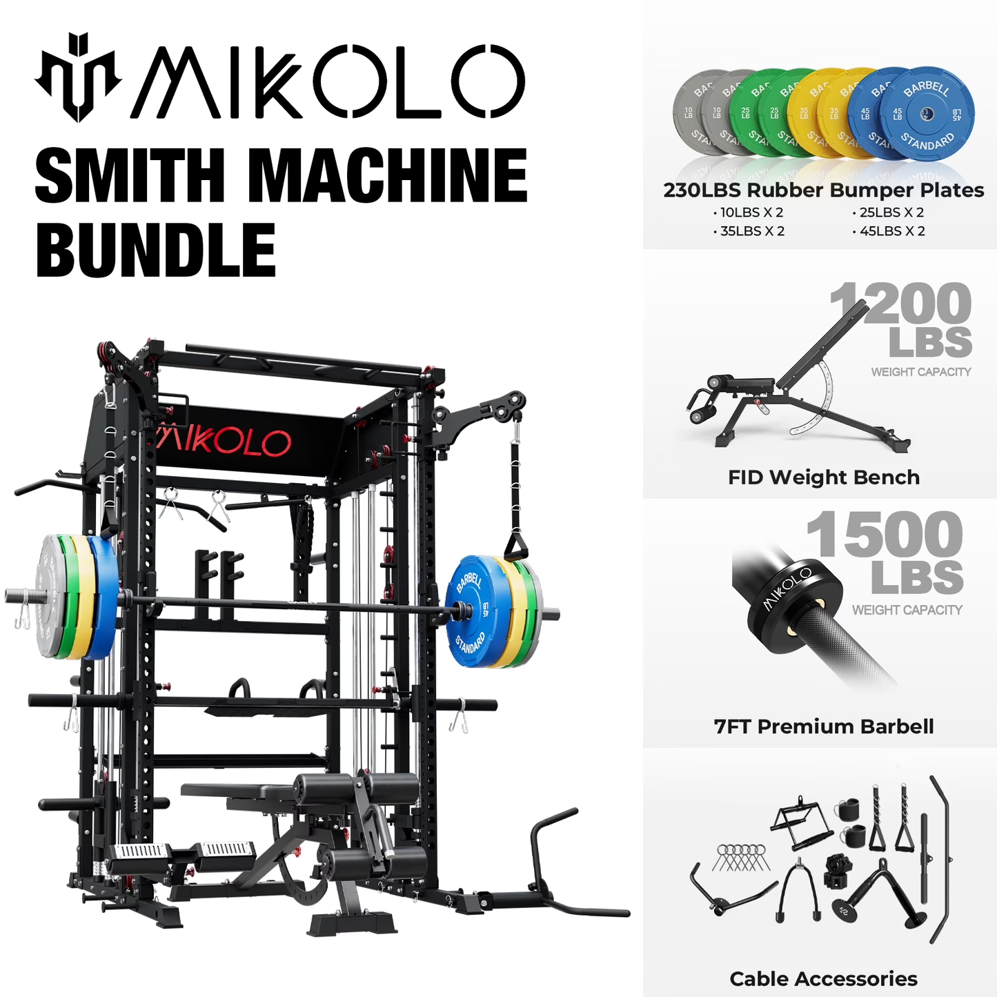 Mikolo Smith Machine Home Gym, All-in-One Power Rack with Smith Cage and Functional Trainer, Squat Rack with 2:1 Dual Pulley Cable System and Extended Forward Reach, Vertical Leg Press