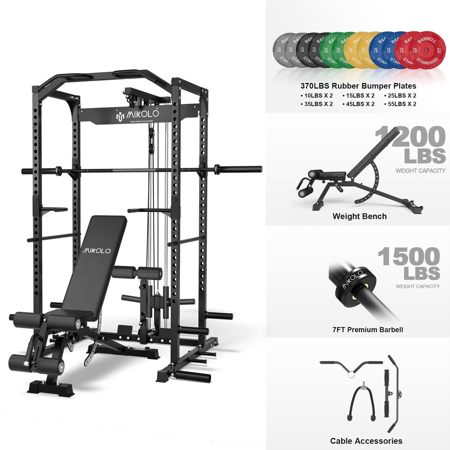Mikolo Power Rack Cage with LAT Pulldown System,1200 lbs Capacity Power Rack with 1200 lbs Capacity Weight Bench and 1500 lbs Capacity Barbell Combo (370lb)