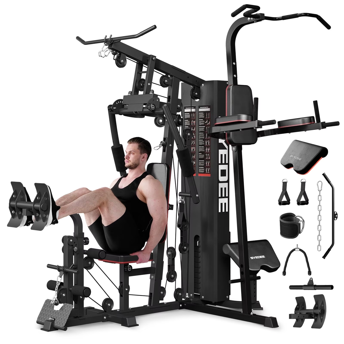 Syedee Home Gym Station, Workout Station with 150LBS Weight Stack, Home Gym Equipment for All Body Training