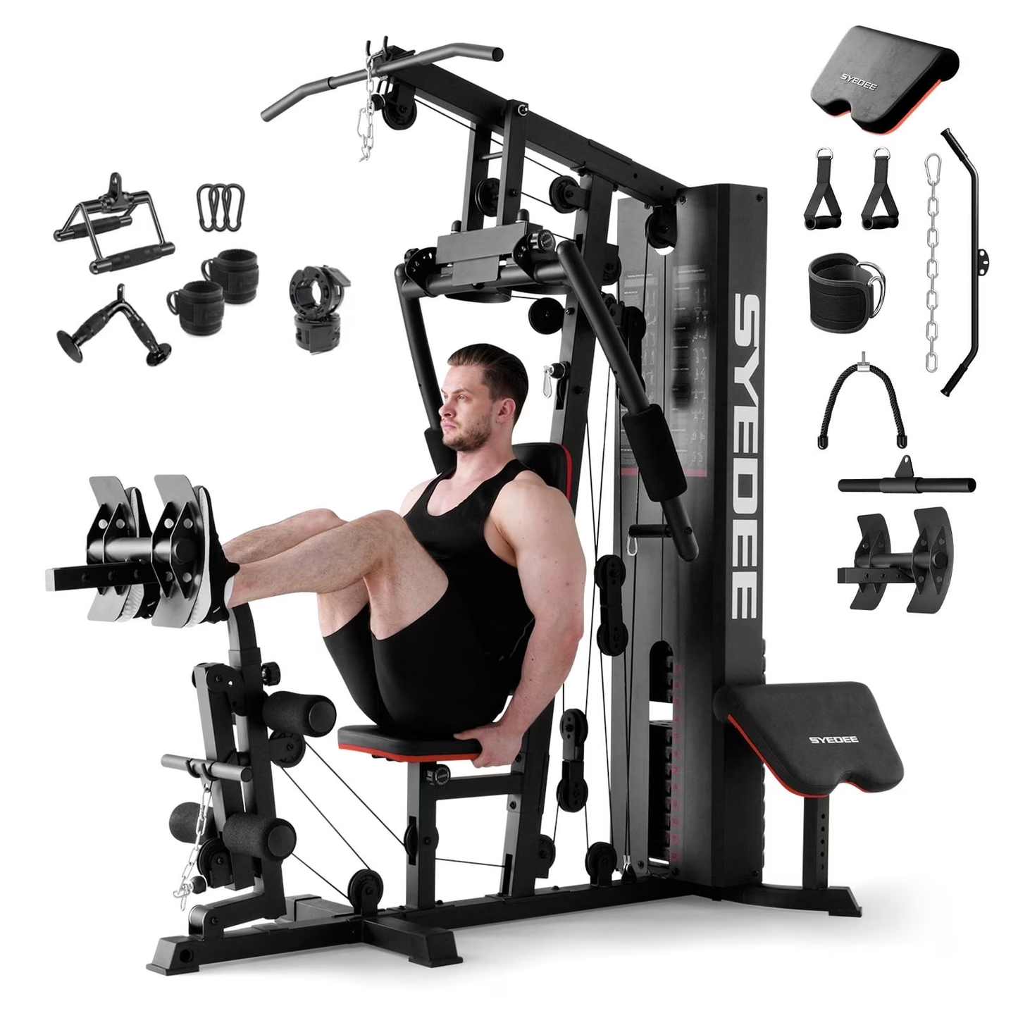 Syedee Home Gym Station, Workout Station with 150LBS Weight Stack, Home Gym Equipment for All Body Training