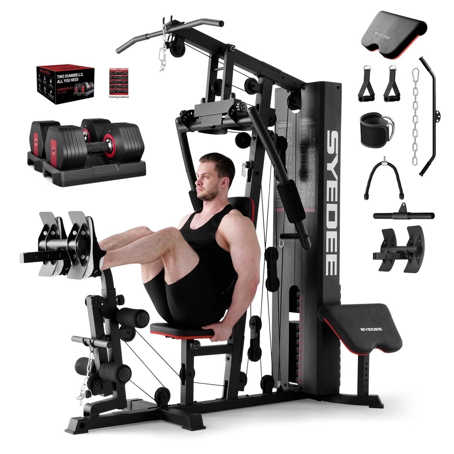 Syedee Home Gym Station, Workout Station with 150LBS Weight Stack, Home Gym Equipment for All Body Training