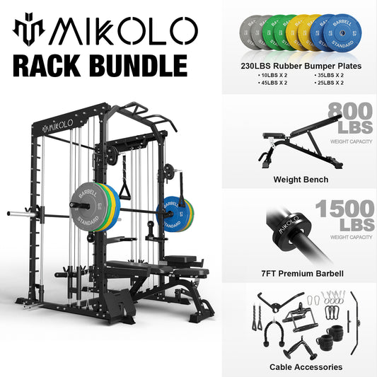 Mikolo Dual Direction Smith Machine, Power Cage with Functional Trainer, Multi-People Home Gym Training System with Adjustable Weight Bench and 230 lbs Weight Plate and Barbell