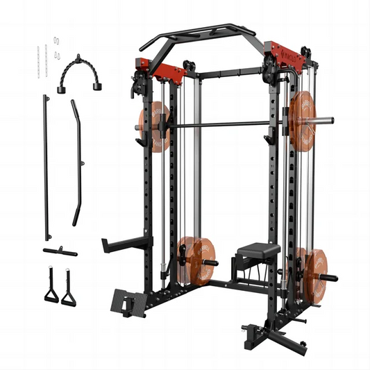 Mikolo Smith Machine, 2000LBS Power Cage Squat Rack with Smith Bar, Two LAT Pull-Down Systems, Cable Crossover Machine and and More Cable Attachment for Home Gym