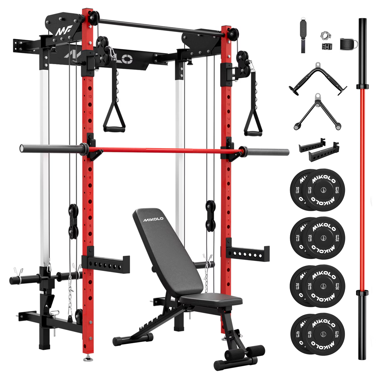 Mikolo Foldable Power Rack Cage,1000lbs Capacity Wall Mounted Squat Rack with independent pulley system, Space Saving Home Gym Equipment with 5 Adjustable Angle