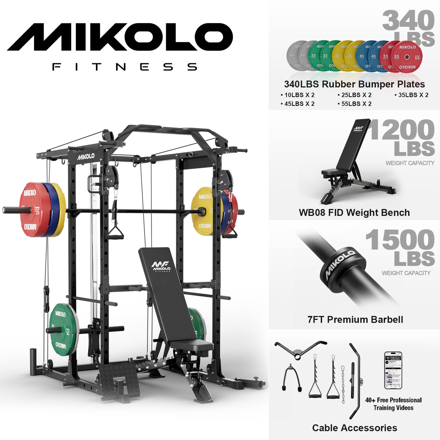 Mikolo Power Rack Cage, Weight Rack with Cable Crossover Machine,Multi-Function Squat Rack with J Hooks,Dip Bars and Landmine for Home Gym Red