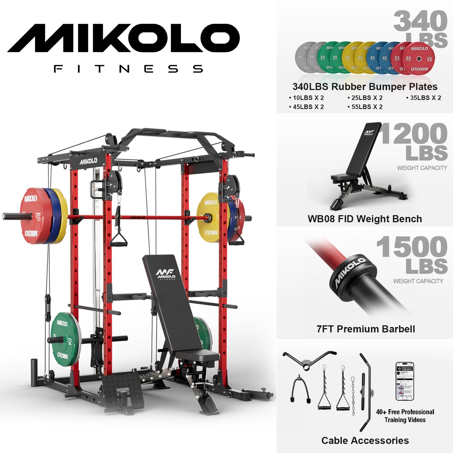 Mikolo Power Rack Cage, Weight Rack with Cable Crossover Machine,Multi-Function Squat Rack with J Hooks,Dip Bars and Landmine for Home Gym Red