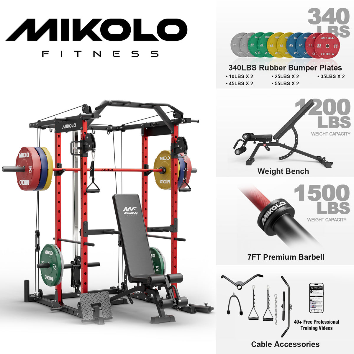 Mikolo Power Rack Cage, Weight Rack with Cable Crossover Machine,Multi-Function Squat Rack with J Hooks,Dip Bars and Landmine for Home Gym Red