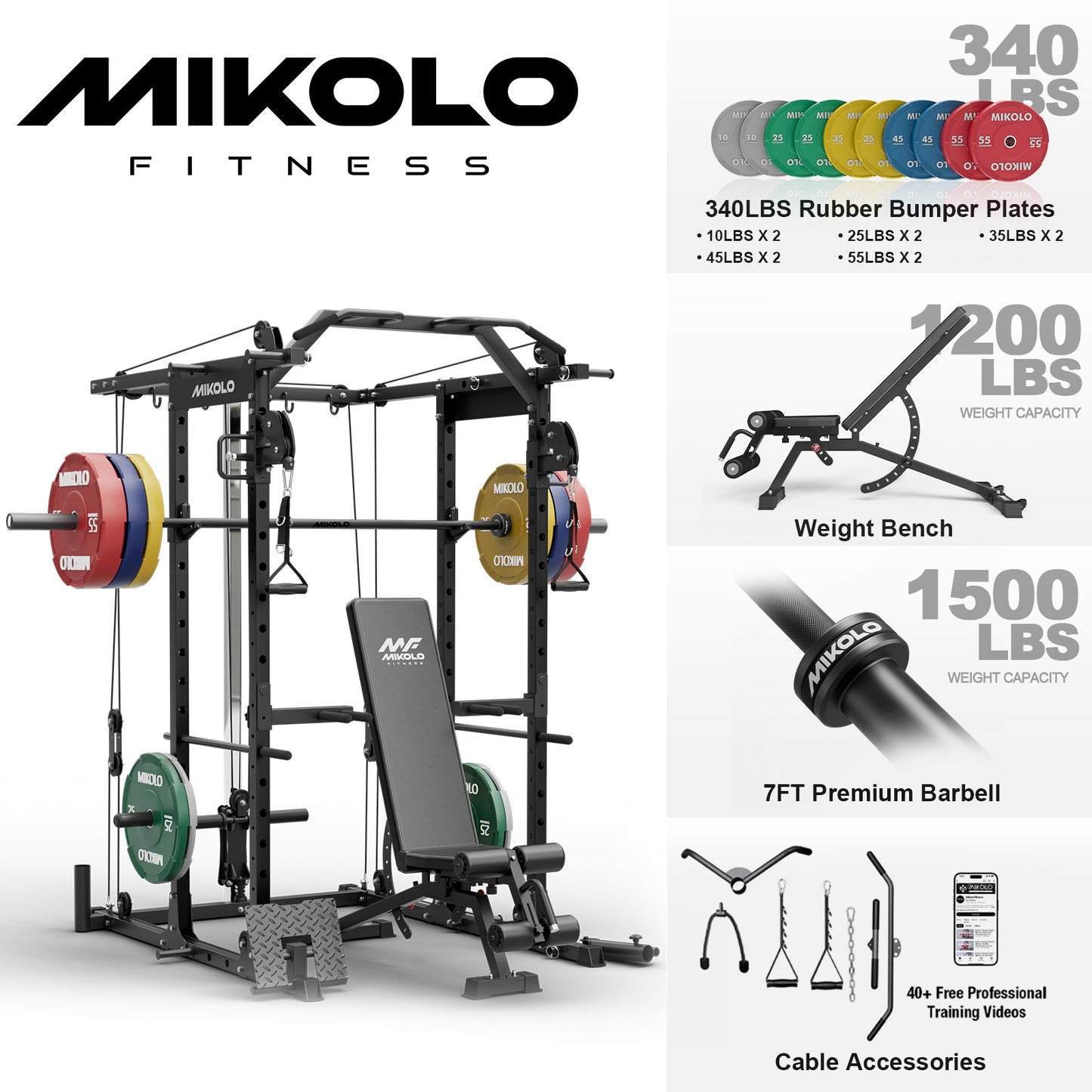 Mikolo Power Rack Cage, Weight Rack with Cable Crossover Machine,Multi-Function Squat Rack with J Hooks,Dip Bars and Landmine for Home Gym Red