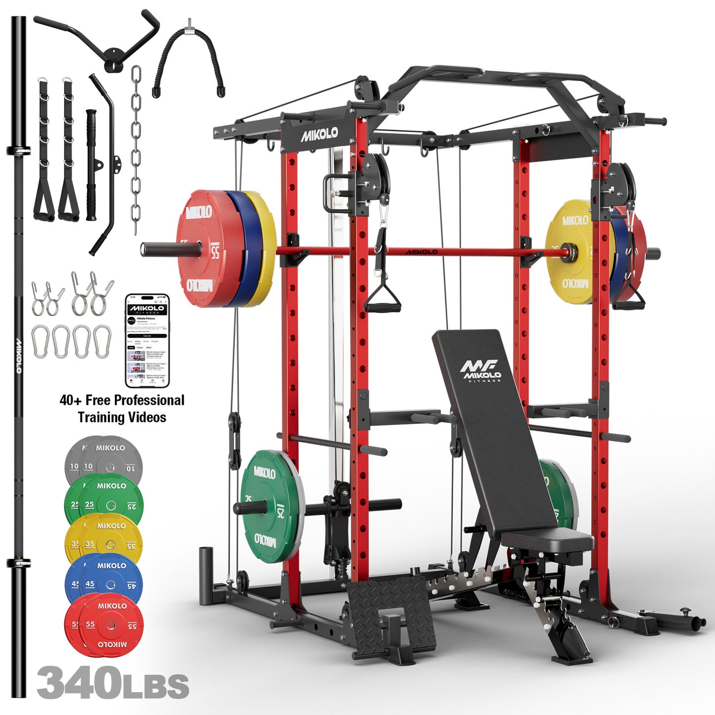 Mikolo Power Rack Cage, 1500LBS Weight Cage with 800LB Capacity Adjustable Weight Bench, 1500LB Capacity Barbell and 230LB Weight Plate set Red