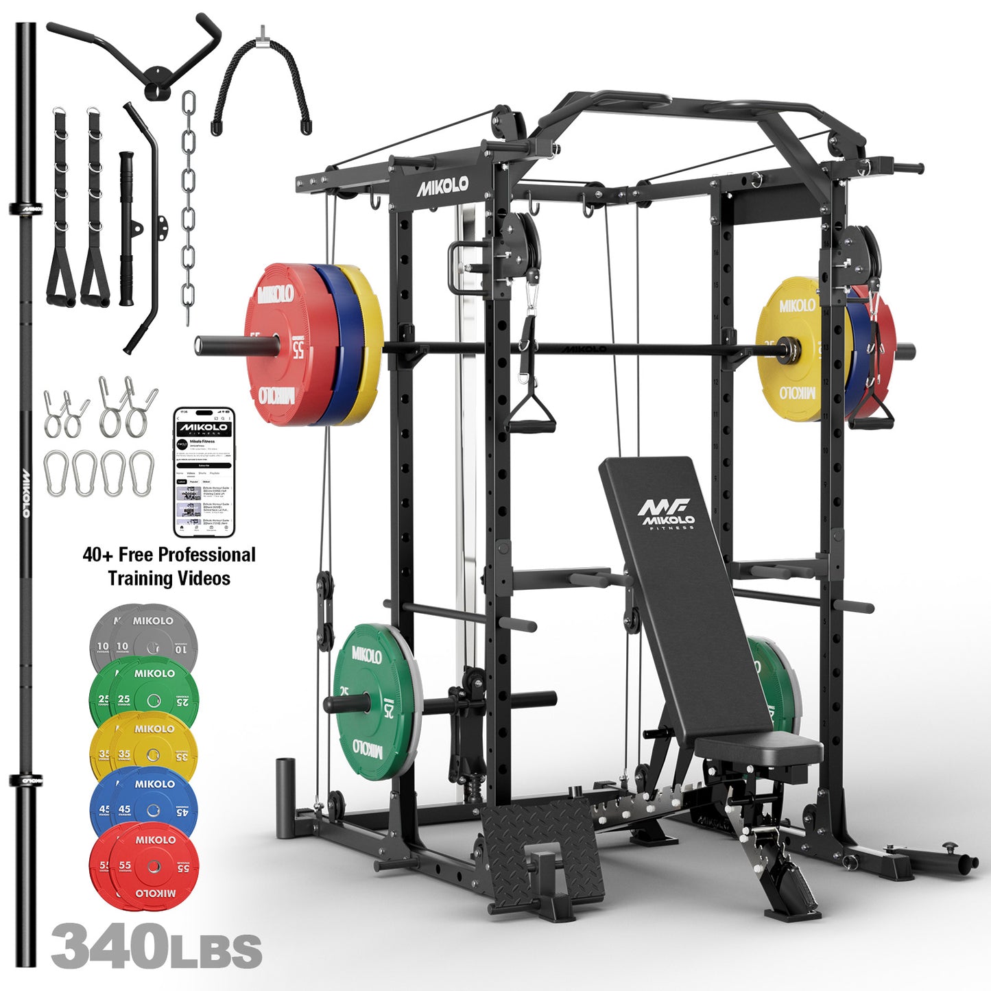 Mikolo Power Rack Cage, 1500LBS Weight Cage with 800LB Capacity Adjustable Weight Bench, 1500LB Capacity Barbell and 230LB Weight Plate set Red