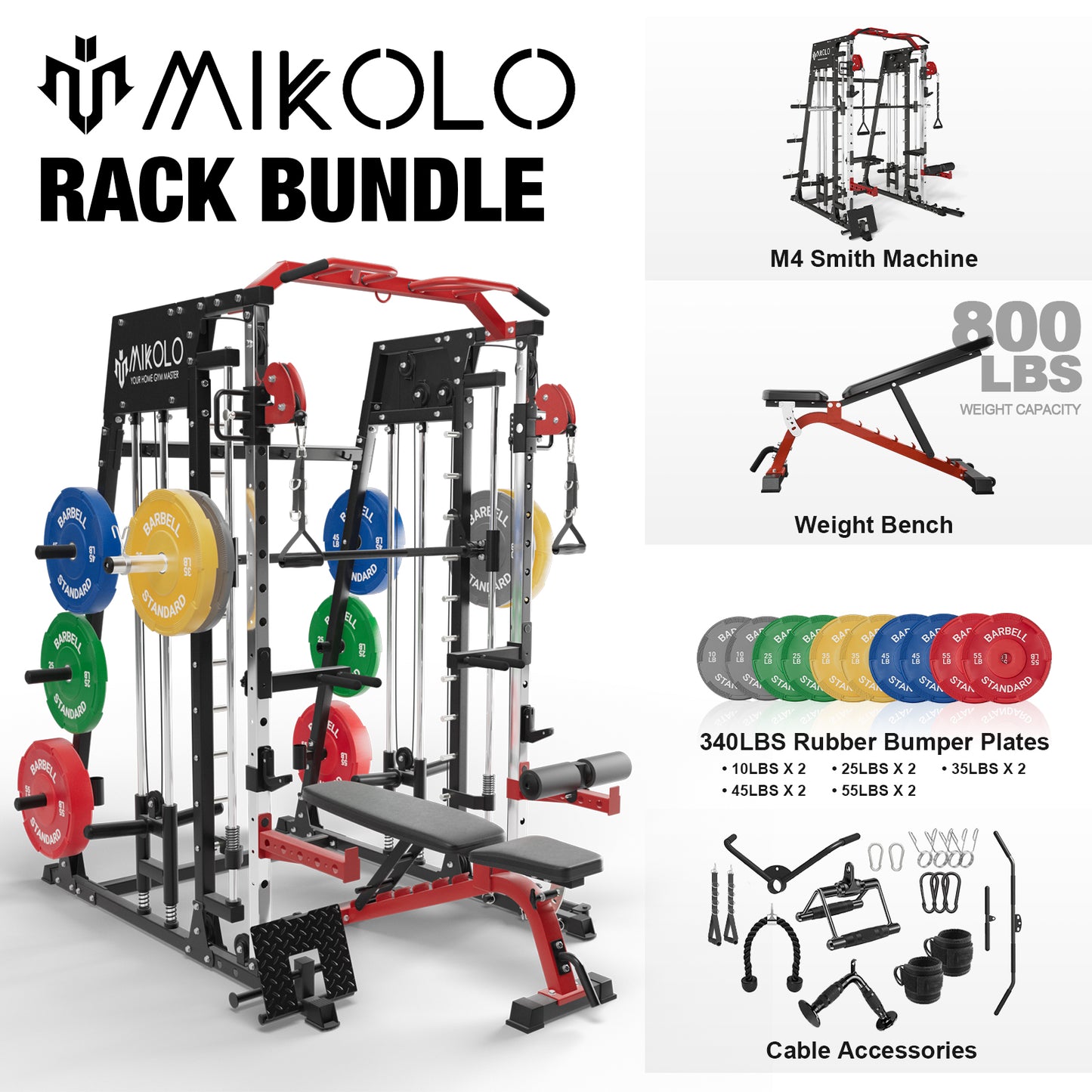 Mikolo Smith Machine Home Gym, 2200 lbs Power Rack Cage with Cable Crossover, Power Rack with 800LB Capacity Adjustable Weight Bench and 340 lbs Weight Plate, Total Body Strength Training Equipment