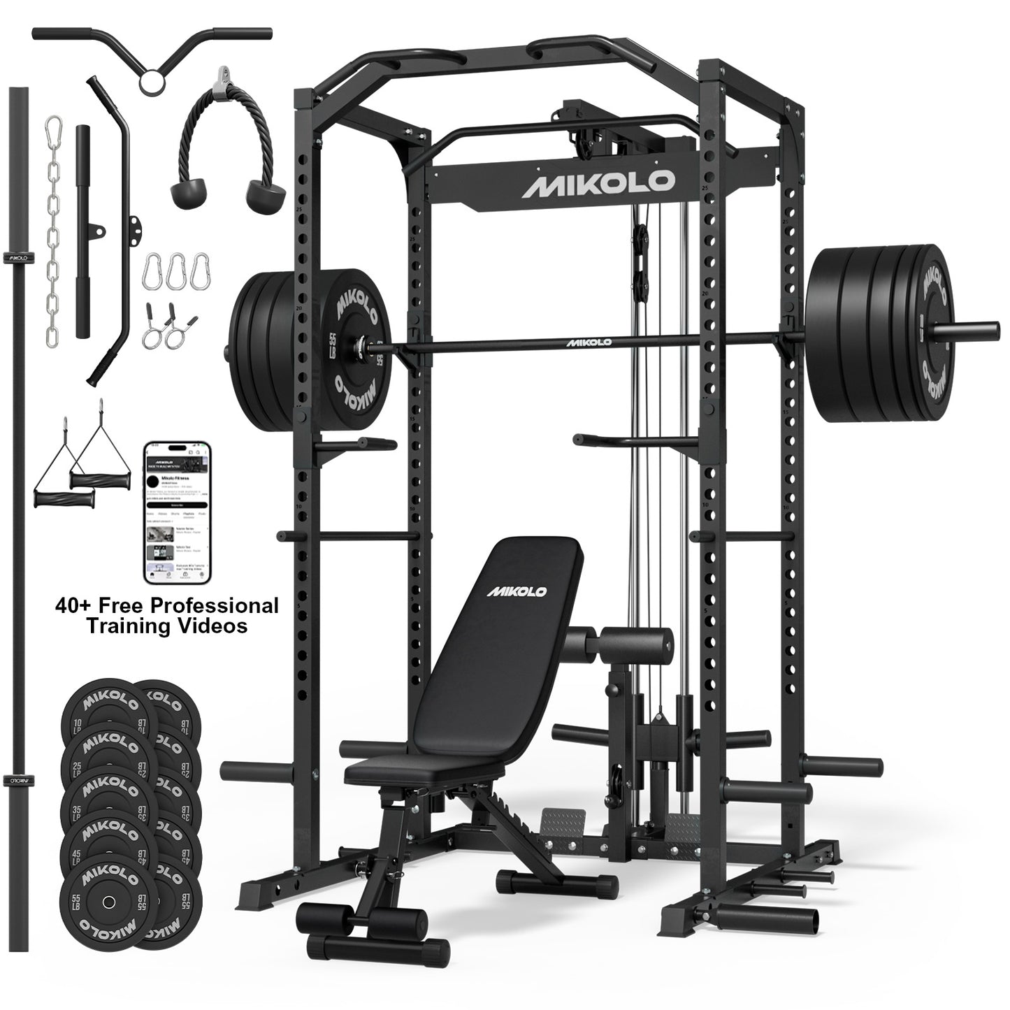 Mikolo Power Rack Cage, 1200LBS Weight Cage with 800LB Capacity Adjustable Weight Bench, 1500LB Capacity Barbell and 230LB Black Plate set