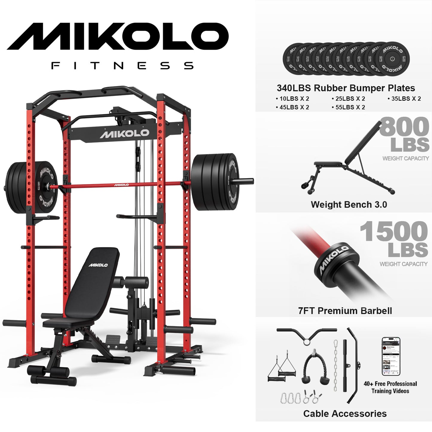 Mikolo Multi-Functional Squat Rack with LAT Pulldown System Exercise Power Cages, Metal Red