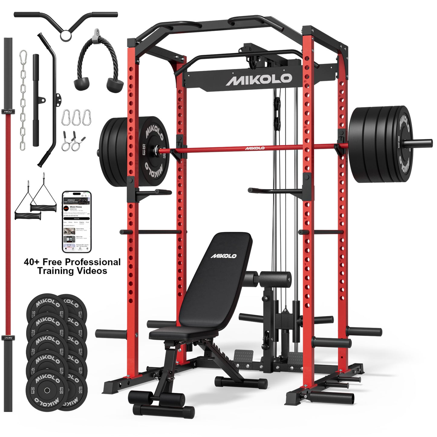 Mikolo Power Rack Cage, 1200LBS Weight Cage with 800LB Capacity Adjustable Weight Bench, 1500LB Capacity Barbell and 230LB Black Plate set