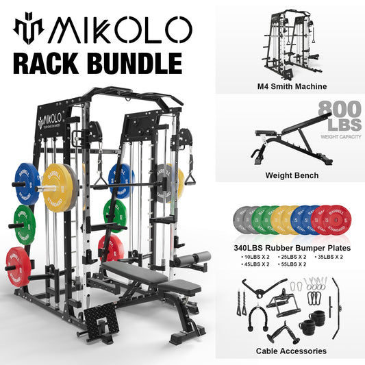 Mikolo Smith Machine Home Gym, 2200 lbs Power Rack Cage with Cable Crossover, Power Rack with 800LB Capacity Adjustable Weight Bench and 340 lbs Weight Plate, Total Body Strength Training Equipment