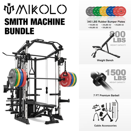 Mikolo Smith Machine Power Cage, Multi-Function Home Gym System with Cable Crossover, 121LB Weight Stack