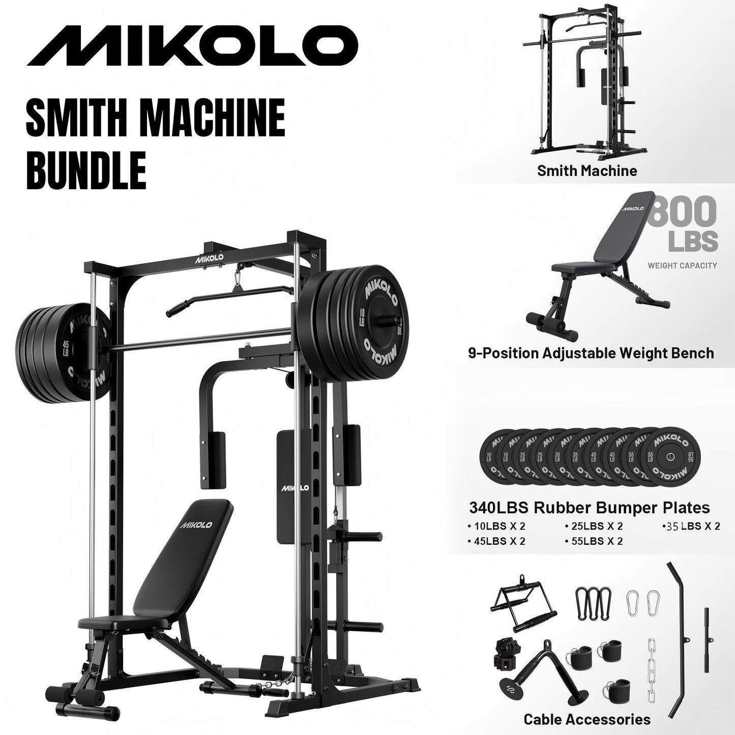 Mikolo Smith Machine Home Gym, Multi-Functional Power Rack with Pec Deck Machine, Lat Pull Down System, Low Row Station with Cable bar and Foot Board