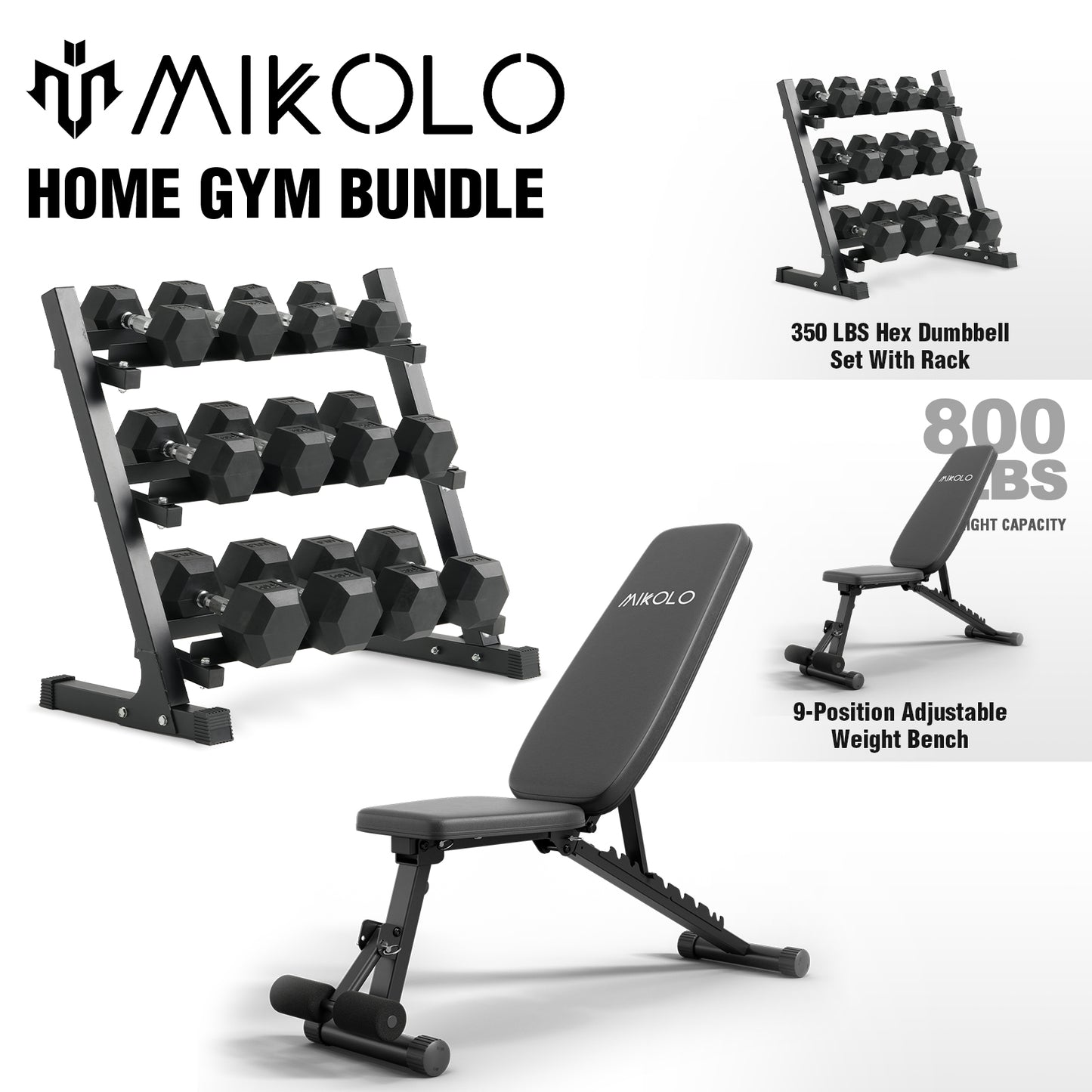 Mikolo Rubber Hex Dumbbell Set with Racks and 9 Adjustable Position Weighted Bench, Options in 350lbs, Strength Training Weight Set Home Gym