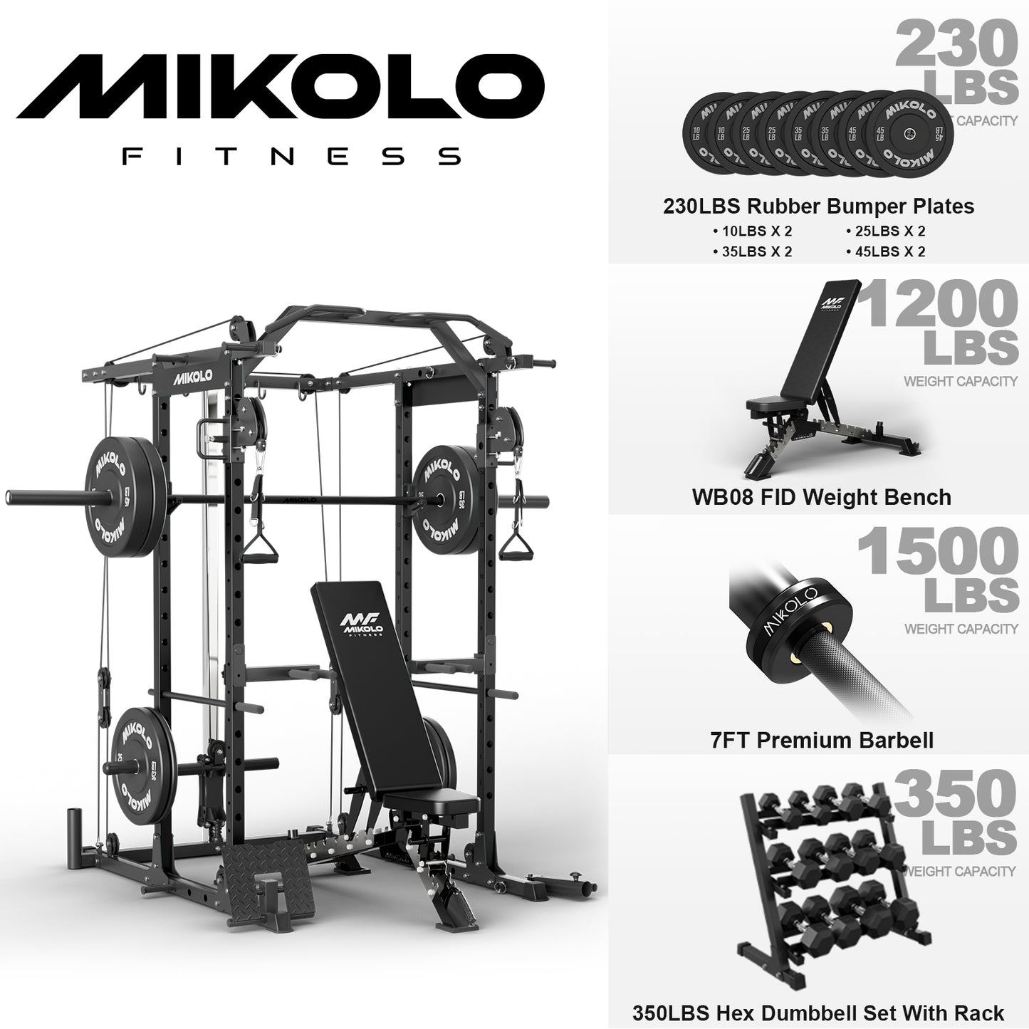 Mikolo Power Rack Cage, Weight Rack with Cable Crossover Machine,Multi-Function Squat Rack with J Hooks,Dip Bars and Landmine for Home Gym Red