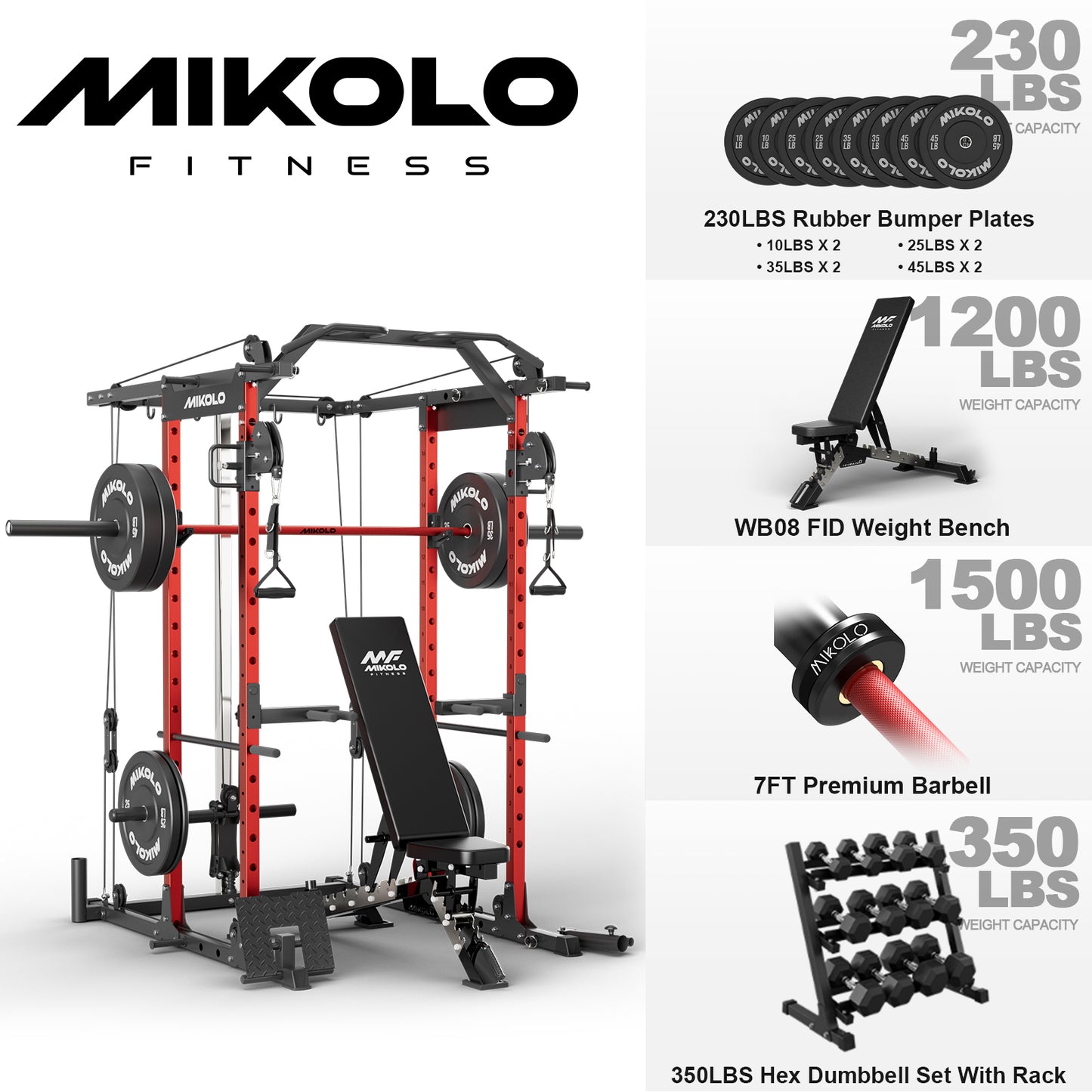Mikolo Power Rack Cage, Weight Rack with Cable Crossover Machine,Multi-Function Squat Rack with J Hooks,Dip Bars and Landmine for Home Gym Red