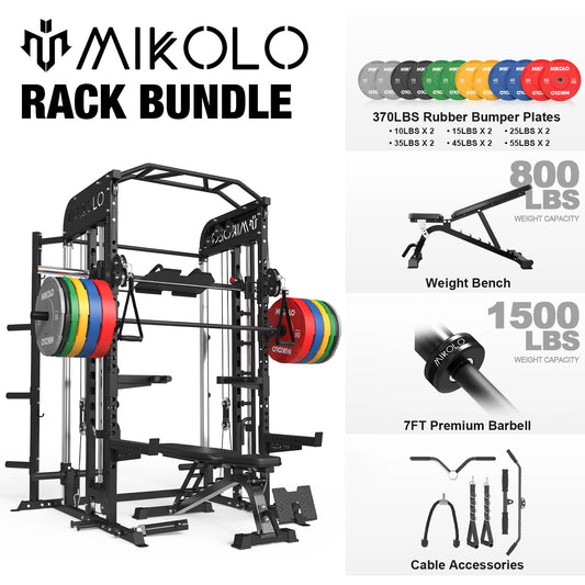 Mikolo Smith Machine, All-in-One Power Rack Cage with Vertical Leg Press, 2000LBS Power Cage Squat Rack with Smith Bar, Dual Pulley Cable Crossover System for Home gym