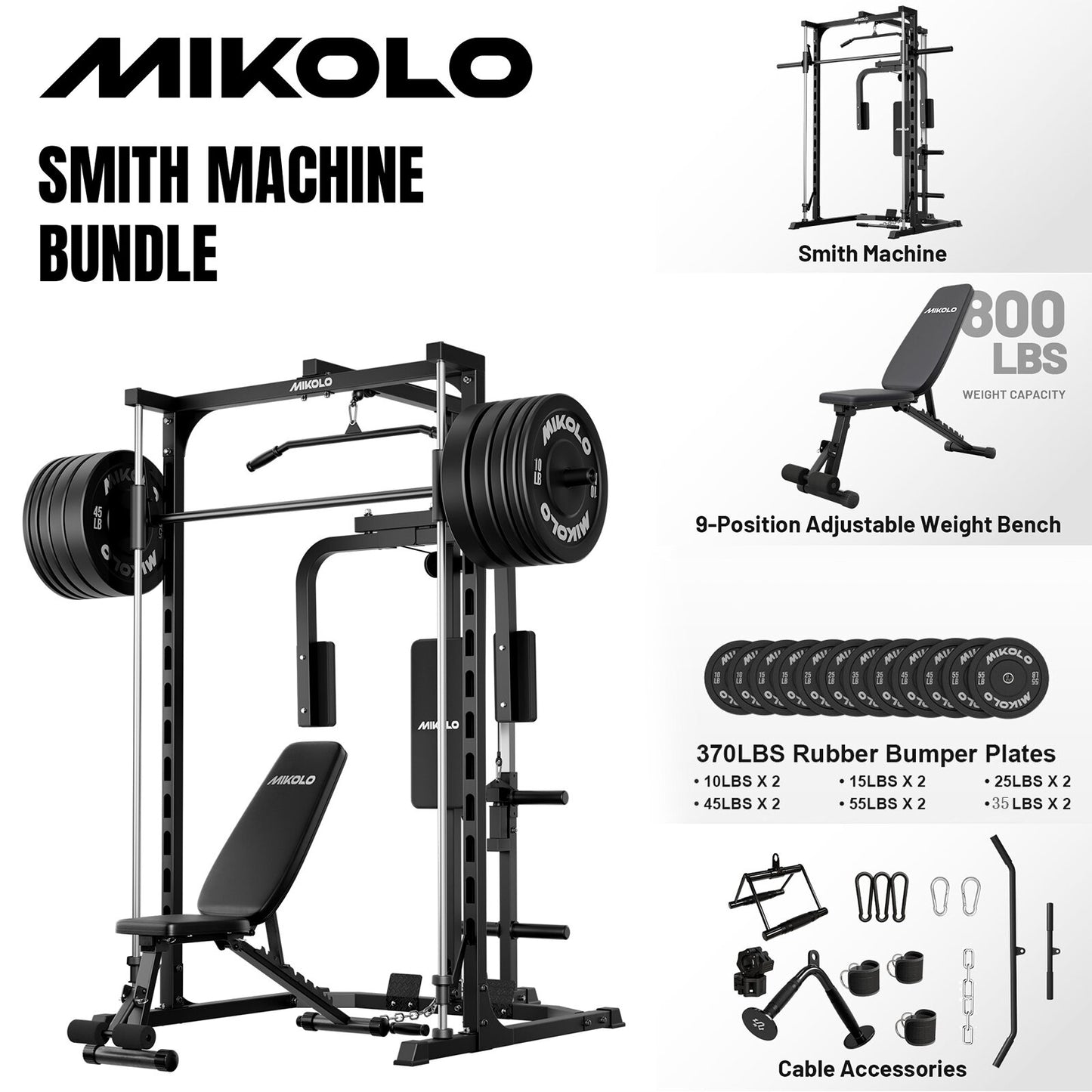 Mikolo Smith Machine Home Gym, Multi-Functional Power Rack with Pec Deck Machine, Lat Pull Down System, Low Row Station with Cable bar and Foot Board