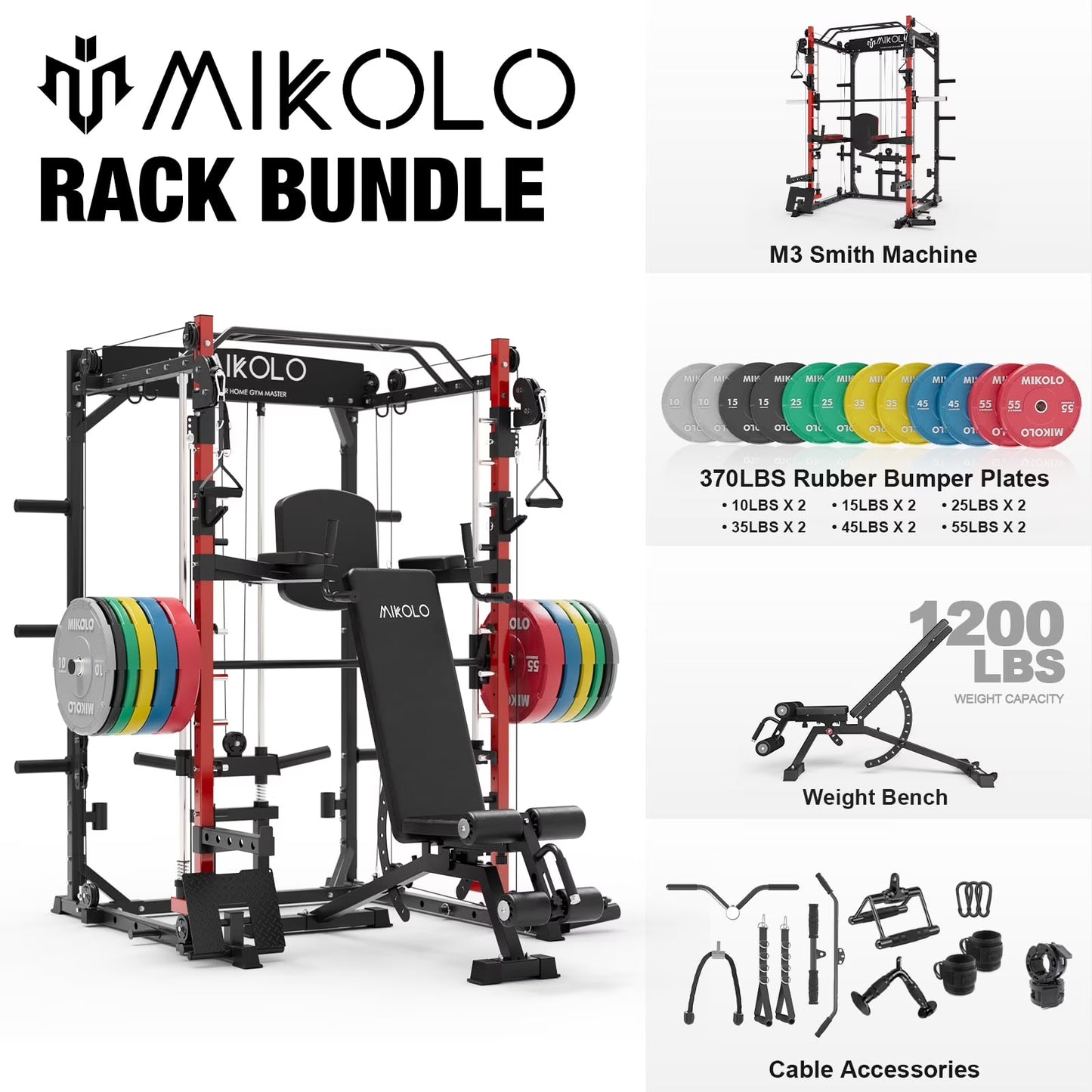 Mikolo Smith Machine Home Gym, 2000 lbs Power Rack Cage with Cable Crossover, Smith Cage with 800LB Capacity Adjustable Weight Bench and 370 lbs Weight Plate, Total Body Strength Training Cage