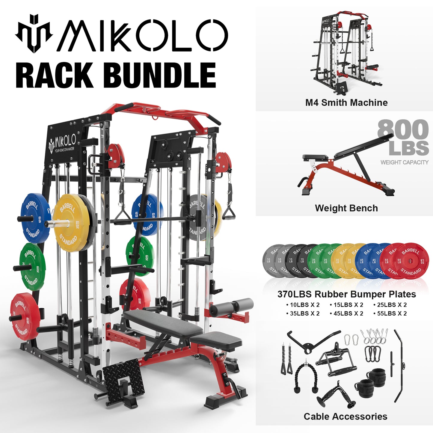 Mikolo Smith Machine Home Gym, 2200 lbs Power Rack Cage with Cable Crossover, Power Rack with 800LB Capacity Adjustable Weight Bench and 370 lbs Weight Plate, Total Body Strength Training Equipment