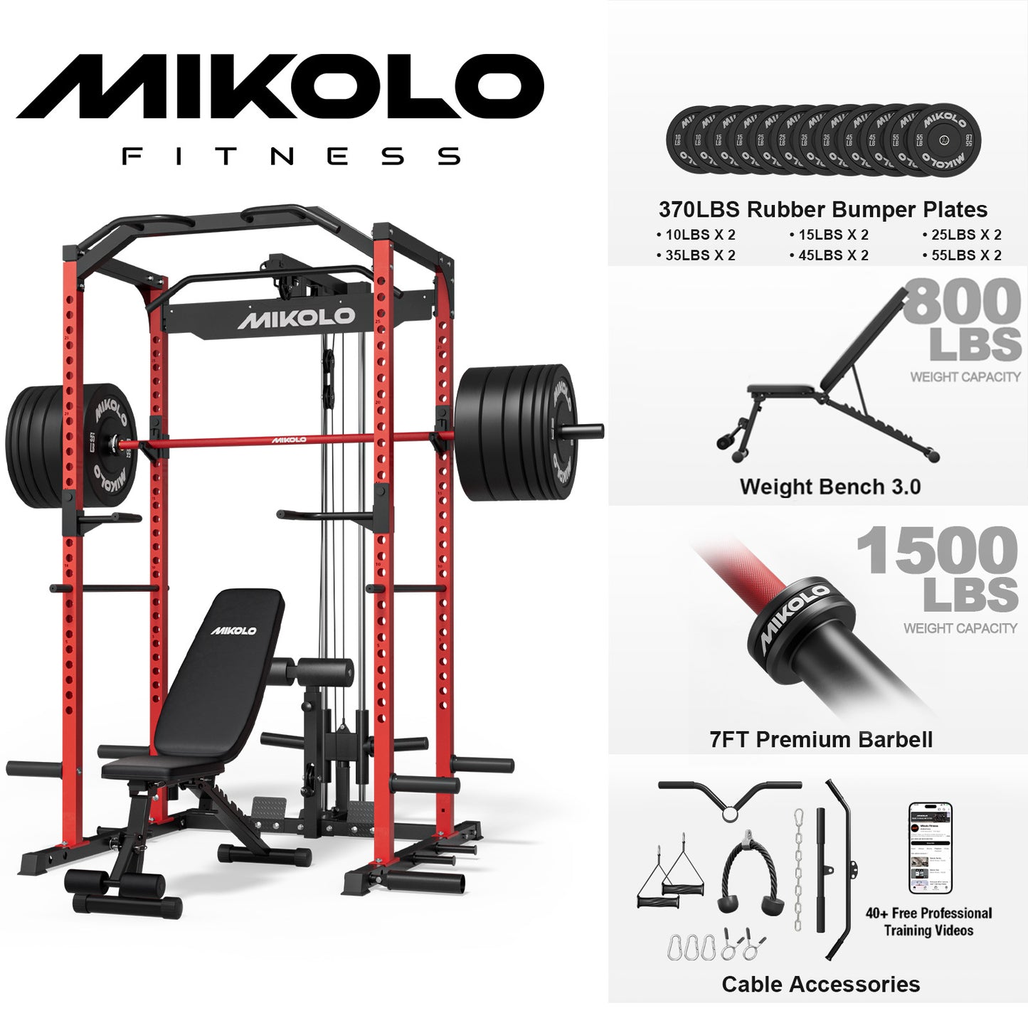 Mikolo Multi-Functional Squat Rack with LAT Pulldown System Exercise Power Cages, Metal Red