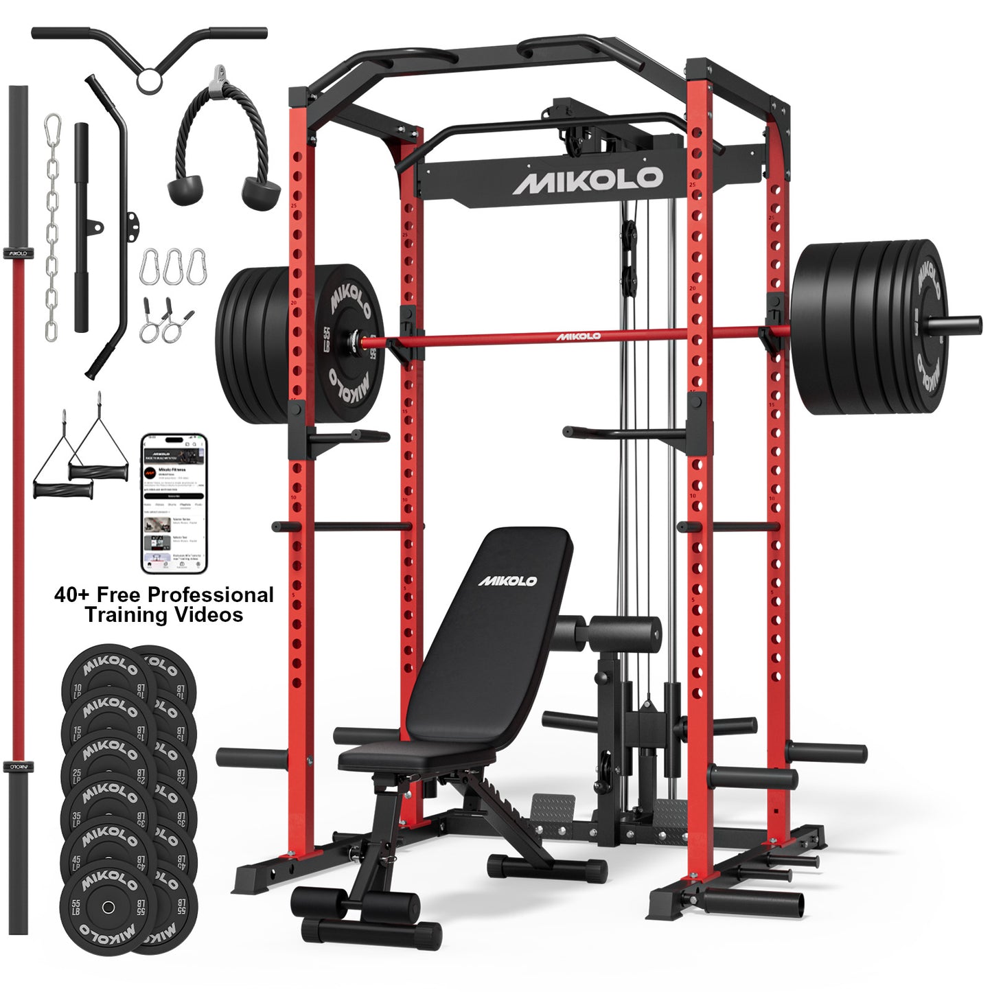 Mikolo Power Rack Cage, 1200LBS Weight Cage with 800LB Capacity Adjustable Weight Bench, 1500LB Capacity Barbell and 230LB Black Plate set
