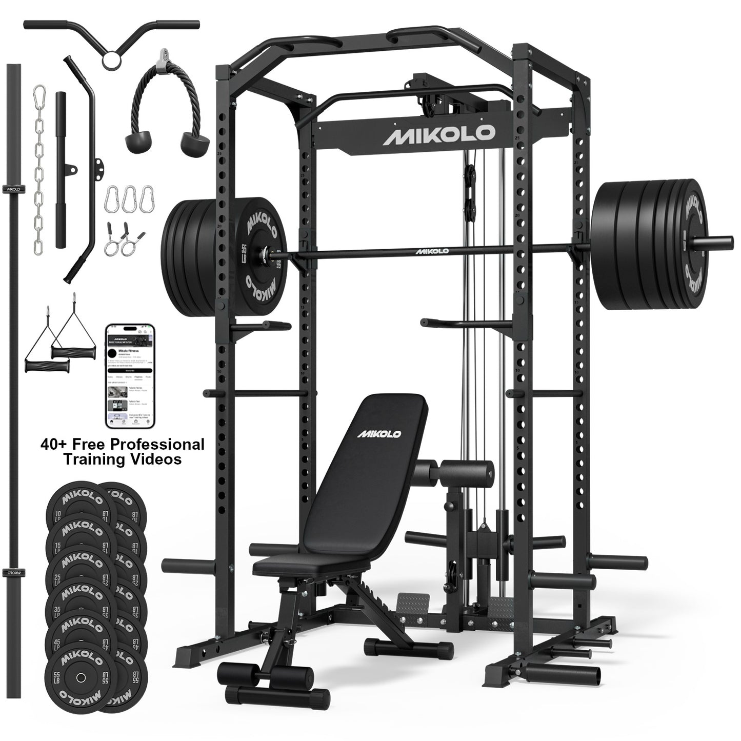 Mikolo Power Rack Cage, 1200LBS Weight Cage with 800LB Capacity Adjustable Weight Bench, 1500LB Capacity Barbell and 230LB Black Plate set