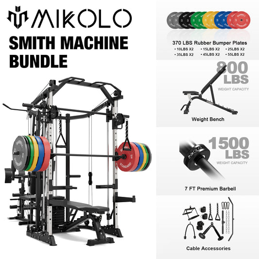 Mikolo Smith Machine Power Cage, Multi-Function Home Gym System with Cable Crossover, 121LB Weight Stack
