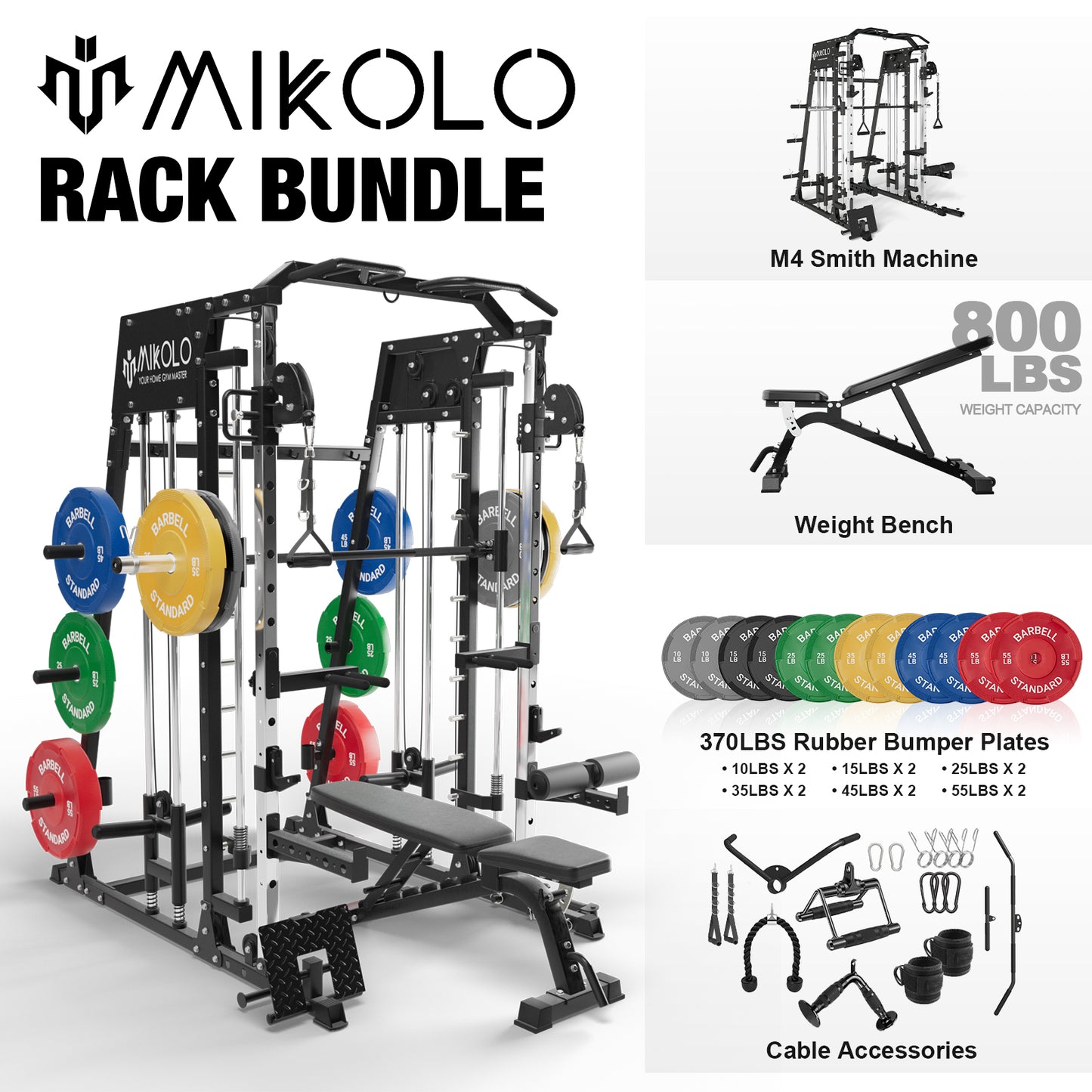 Mikolo Smith Machine Home Gym, 2200 lbs Power Rack Cage with Cable Crossover, Power Rack with 800LB Capacity Adjustable Weight Bench and 370 lbs Weight Plate, Total Body Strength Training Equipment