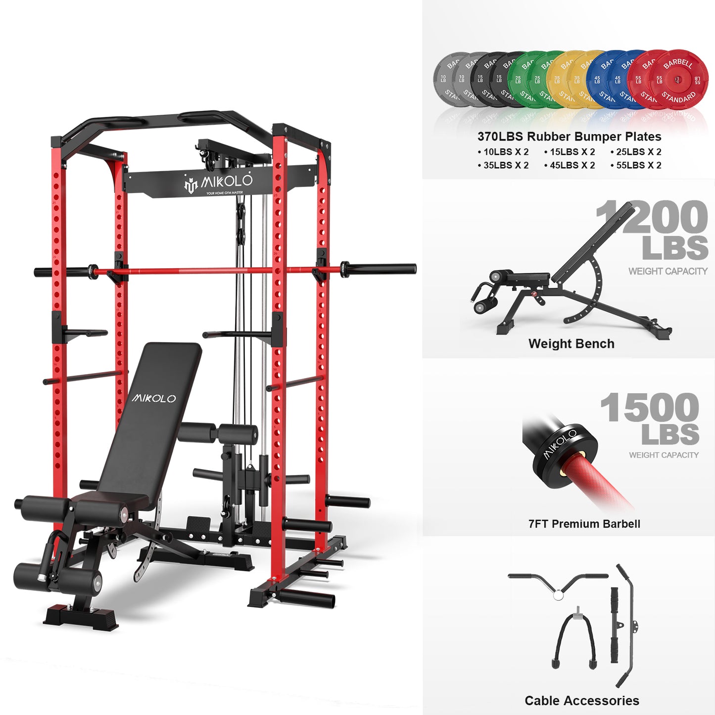 Mikolo Power Rack Cage with LAT Pulldown System,1200 lbs Capacity Power Rack with 1200 lbs Capacity Weight Bench and 1500 lbs Capacity Barbell Combo (370R)