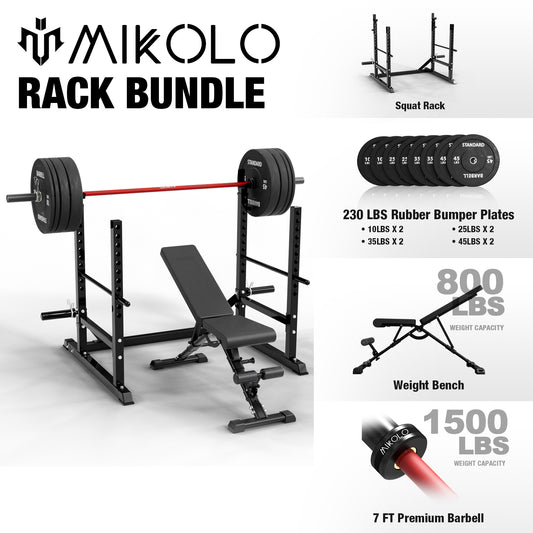 Mikolo Squat Rack, Multi-Functional Barbell Rack , Adjustable Bench Press Rack with 600 LBS Weight Capacity，Squat Cage