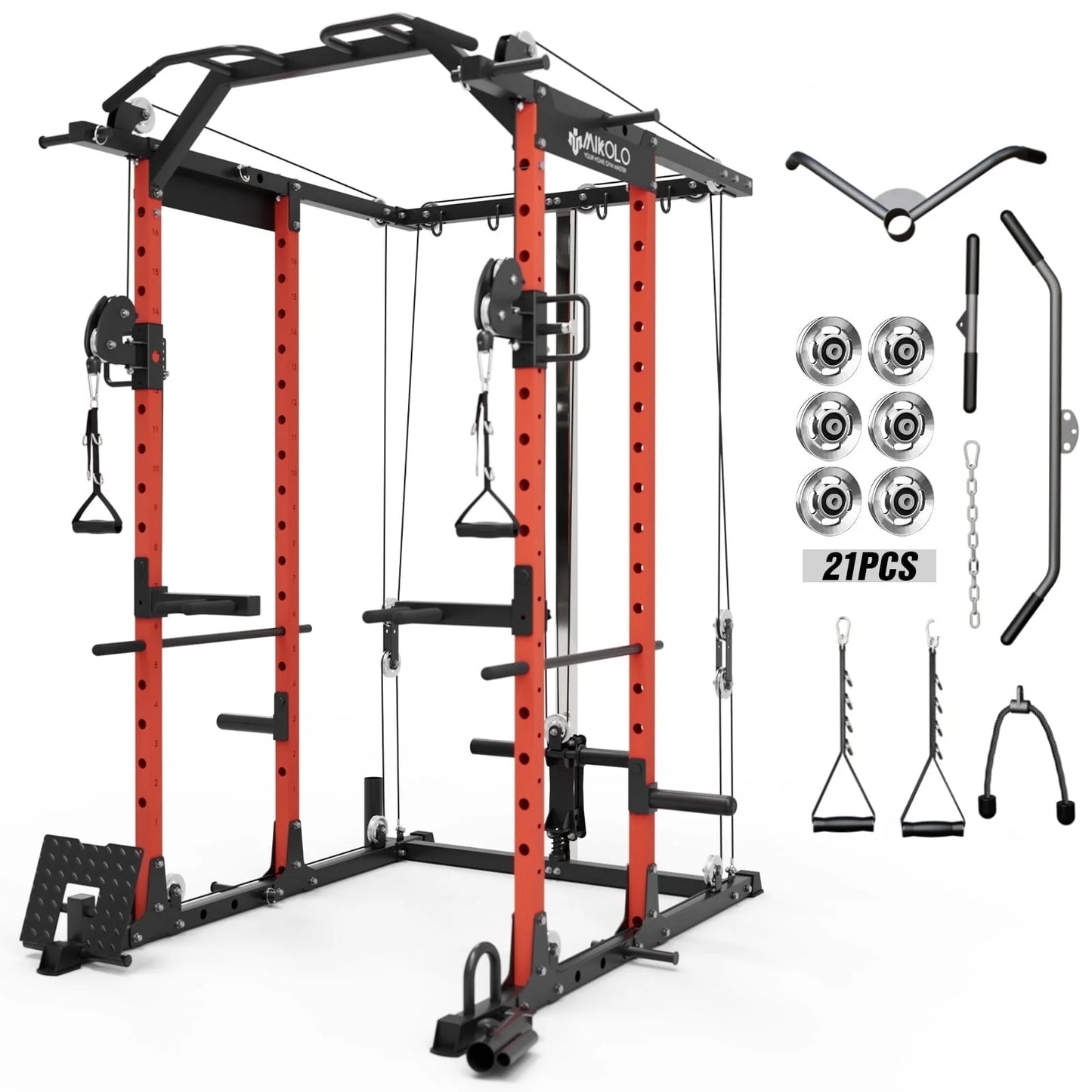 Mikolo Power Rack Cage, Weight Rack with Cable Crossover Machine,Multi-Function Squat Rack with J Hooks,Dip Bars and Landmine for Home Gym Red