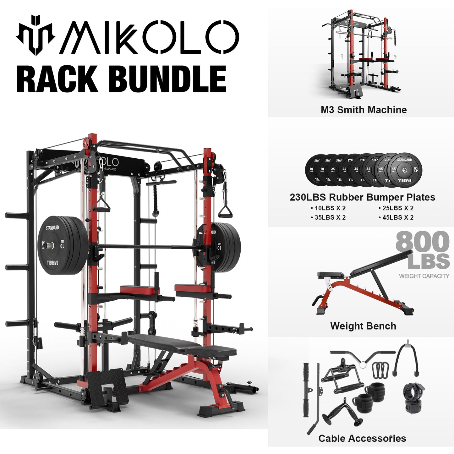 Mikolo Smith Machine Home Gym, 2000 lbs Power Rack Cage with Cable Crossover, Smith Cage with 800LB Capacity Adjustable Weight Bench and 230 lbs Weight Plate, Total Body Strength Training Cage