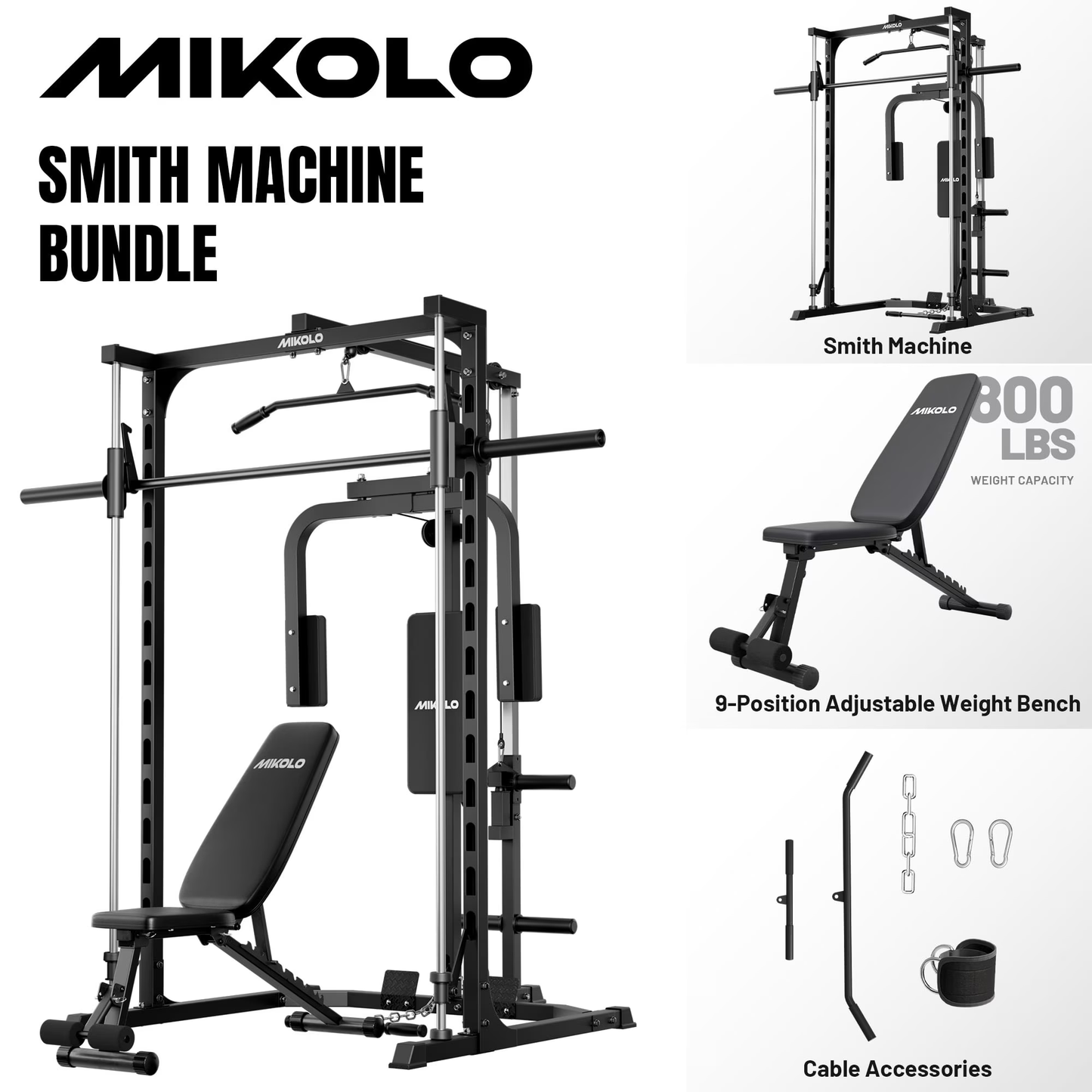 Mikolo Smith Machine Home Gym, Multi-Functional Power Rack with Pec Deck Machine, Lat Pull Down System with Bar, Low Row Station with Cable bar and Foot Board
