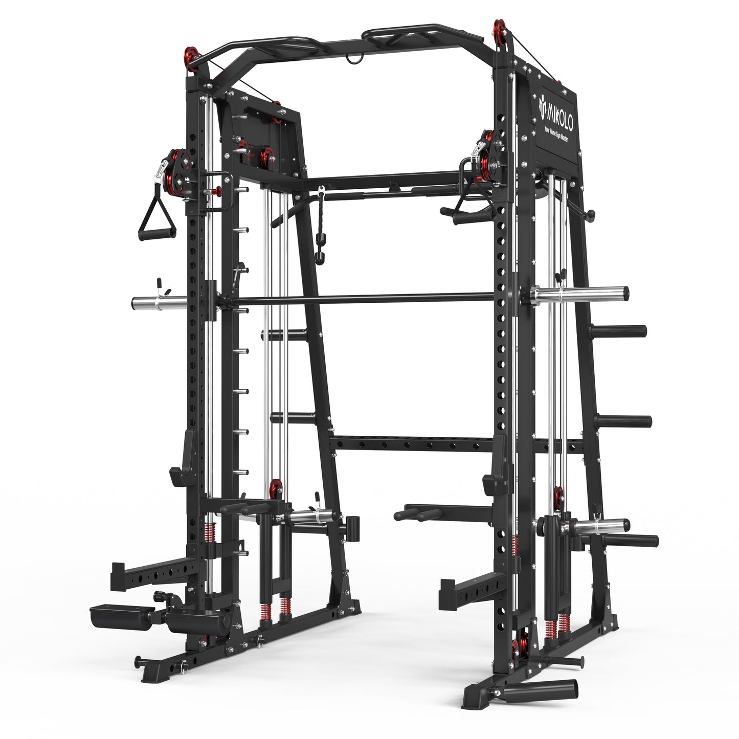 Mikolo Smith Machine with Aluminum Pulleys, 2200lbs Squat Rack with LAT-Pull Down System & Cable Crossover Machine, Training Equipment with Leg Hold-Down Attachment
