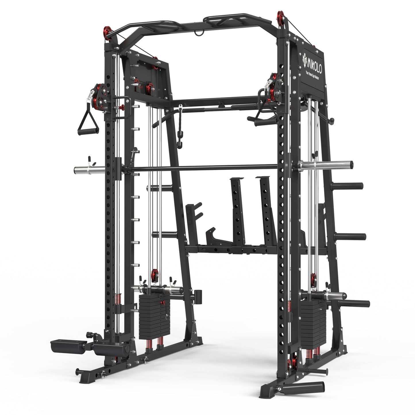 Mikolo Smith Machine with Aluminum Pulleys, 2200lbs Squat Rack with LAT-Pull Down System & Cable Crossover Machine, Training Equipment with Leg Hold-Down Attachment