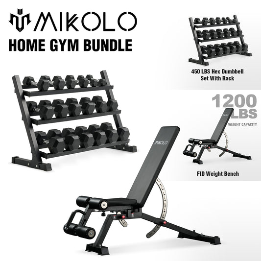 Mikolo Rubber Hex Dumbbell Set with Racks and FID Weighted Bench, Options in 450lbs, Strength Training Weight Set Home Gym